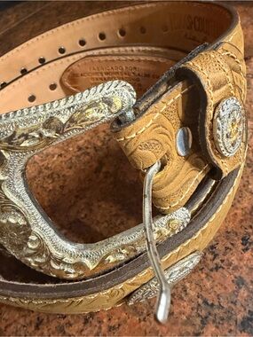 Texas Country Tooled Leather Western Belt with Silver-Tone Buckle - Tan